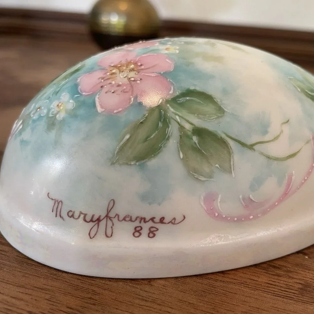Vintage Porcelain Egg Trinket Box Hand Painted Floral Cottagecore Dresser Decor
